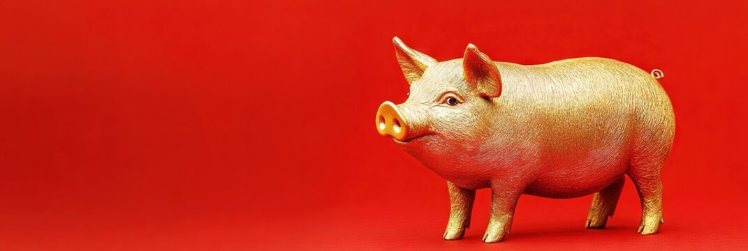 golden pig, year of the pig, solid red background, copy space 