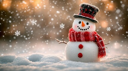 Fototapeta premium A cute and festive snowman with a carrot nose, wearing a black top hat and a red scarf, stands joyfully in the snowy outdoors