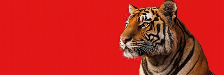 golden tiger, year of the tiger, solid red background, copy space