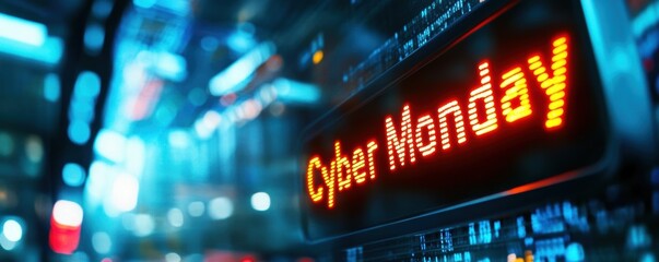 Cyber Monday neon sign with blurred urban background