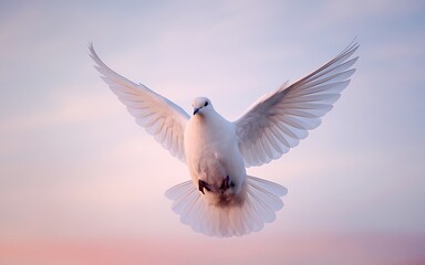 Fototapeta premium White dove in flight against a pink and purple sky. Generative-Ai