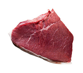 Fototapeta premium Fresh, uncooked beef fillet piece on wooden cutting board, prepared for cooking or grilling, with knife and spicy peppercorns nearby. Isolated over white background