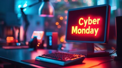 Cyber Monday theme with neon lights and text on computer screen