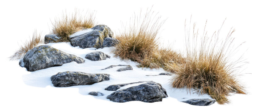 Rocky snowy grass field vegetation outdoors nature.