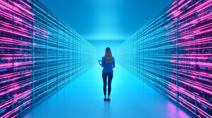 Woman in a server room with glowing blue and pink lights.