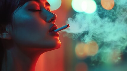 Woman smoking a cigarette with colorful neon lights in the background