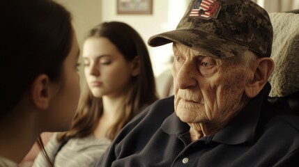Elderly man with military cap talking to young girl indoors