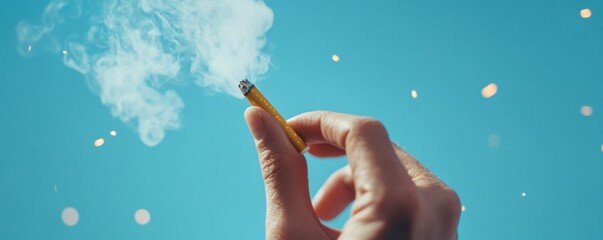 Cigarette smoking with smoke against blue sky