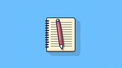 A red pen lies on a spiral notebook against a light blue background.