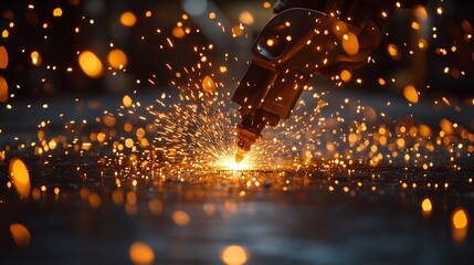A close-up shot of a skilled metalworker using a cutting torch, generating bright, fiery sparks that scatter across the surface