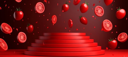 Product promotion stage featuring floating tomatoes in the background for eye catching advertising
