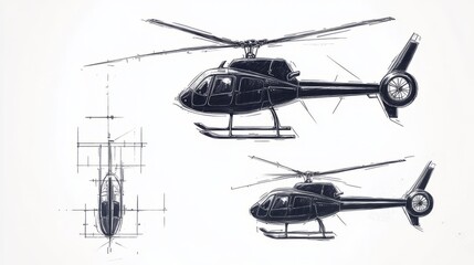 Black Helicopter Technical Drawing Illustration