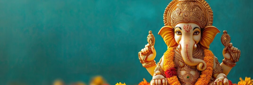 Pancha Ganapati 2024, solid background, copy space