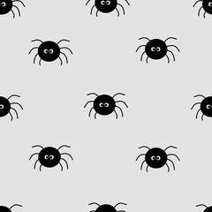 Cute spider seamless pattern. Halloween Print. Seamless background with repeating child print. Simple flat graphic vector illustration. Isolated grey background.