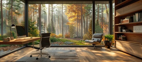 Obraz premium Cozy woodland cabin workspace with laptop and chair set in a remote forest retreat during the tranquil autumn season providing a serene and inspiring environment for productivity and relaxation