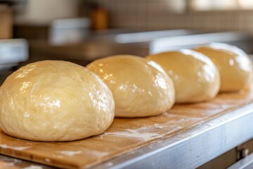 Four Smooth, Round Dough Balls on a Wooden Cutting Board