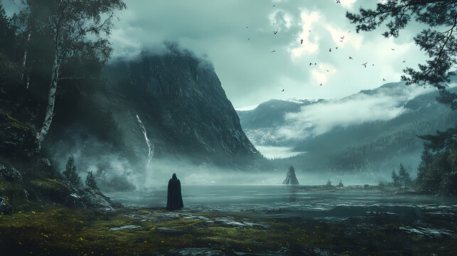 Gungnir in the wild nature. copy space . Norse Mythology. Illustration