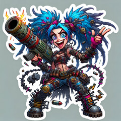 Chaotic Punk Gunner Fan Art | Explosive Character with Wild Blue Hair