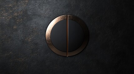 A black and copper round button on a black textured wall.