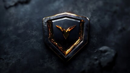 A golden shield with a V shape symbol on a dark background.