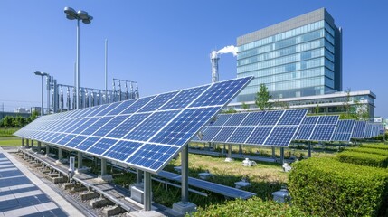 Solar Panels and Modern Building in Green Landscape