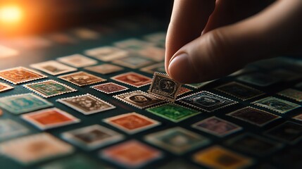 A close-up view of a hand selecting a vintage stamp from a collection, highlighting the art of philately and stamp collecting.