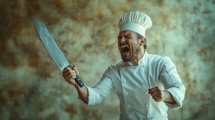 Naklejka premium Angry chef yelling and holding a large knife