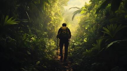 Obraz premium A solitary hiker explores a vibrant jungle, surrounded by lush greenery and soft light filtering through the trees.