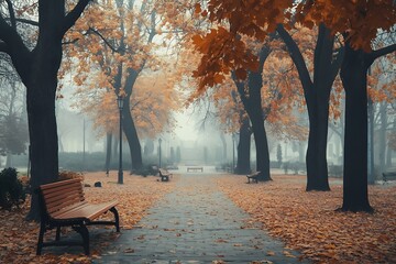 Foggy Autumn Park Path with Colorful Leaves and Benches