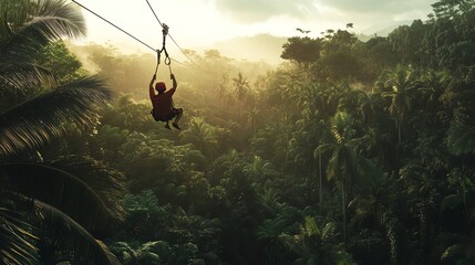 Adventurer soaring through lush jungle foliage on a zip line, experiencing the thrill of nature's beauty in vibrant sunlight.