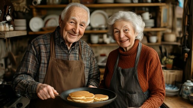 Senior couple holding a pan with freshly made pancakes - Powered by Adobe