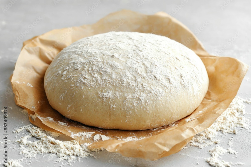 Wall mural A Round Dough Ball Covered in Flour, Resting on Parchment Paper