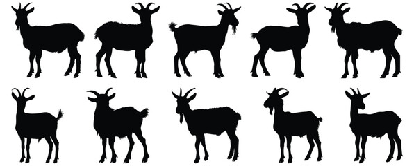 Goat silhouettes set, animal pack of vector silhouette design, isolated background