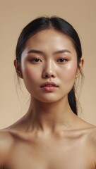 Naklejka premium Close-Up of Woman's Face with Fair Skin and Dark Eyes