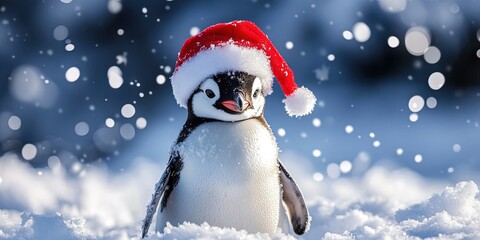 Penguin wearing Santa hat in the winter snow for Christmas 2024