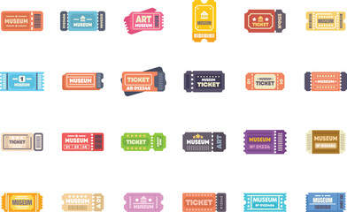Set of colorful museum tickets allowing entry to art gallery or history museum exhibition, cultural event concept