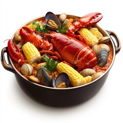 A lobster bake with corn clams, potatoes, and corn on the cob as a classic New England seafood festive meal on a white background.