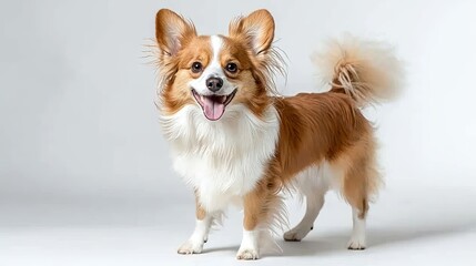 Happy Brown and White Dog with Floppy Ears Standing on a White Background