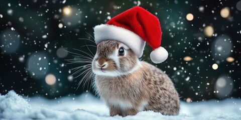 Rabbit wearing Santa hat in the winter snow for Christmas 2024