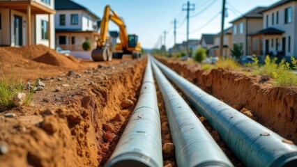 Suburban Transformation: Infrastructure Overhaul in Progress, large water pipes