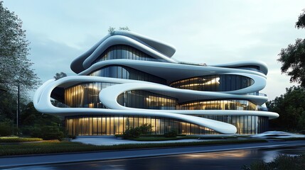 Obraz premium A modern building with a wavy, futuristic design.