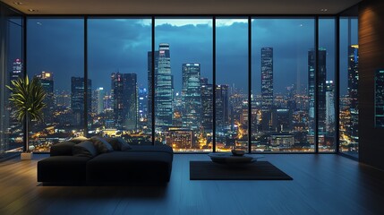 Spacious modern living room with a panoramic city view at night.
