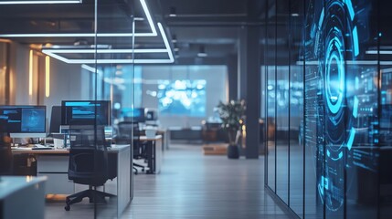 Modern office interior with glass walls and futuristic digital display.