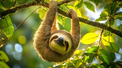 Fototapeta premium Playful Sloth Hanging from a Tree in Lush Greenery