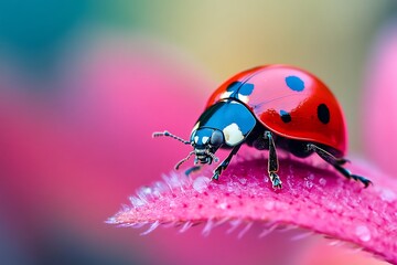Fototapeta premium Macro photo of a ladybug on a pink leaf with blurred background