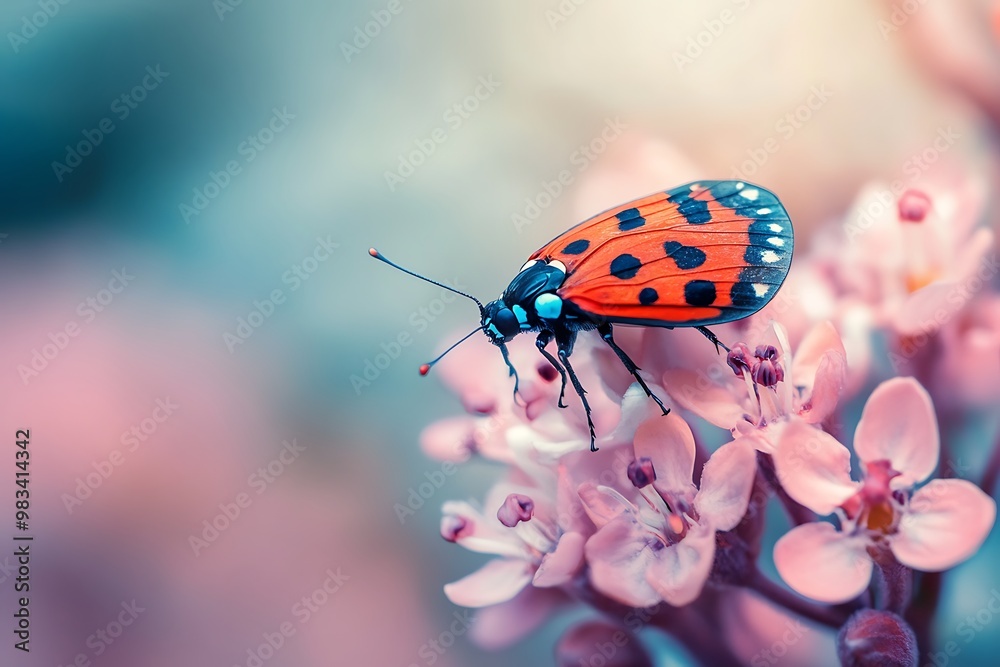 Wall mural Colorful Ladybug on Pink Flower with Blurred Background