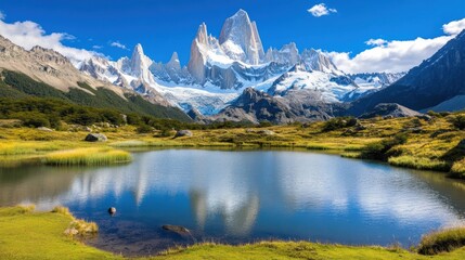 A mountain range with a lake in the middle of it, AI