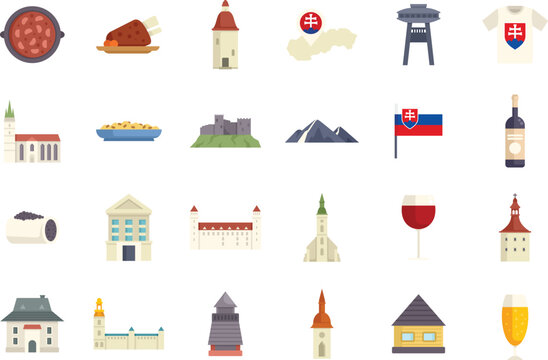 This set of vector icons depicts various aspects of slovakia, including food, drinks, landmarks, and cultural symbols