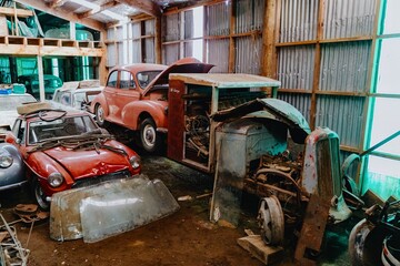 Abandoned cars and car parts in the The historical Horopito Motor Wreckers - Smash Palace, near...