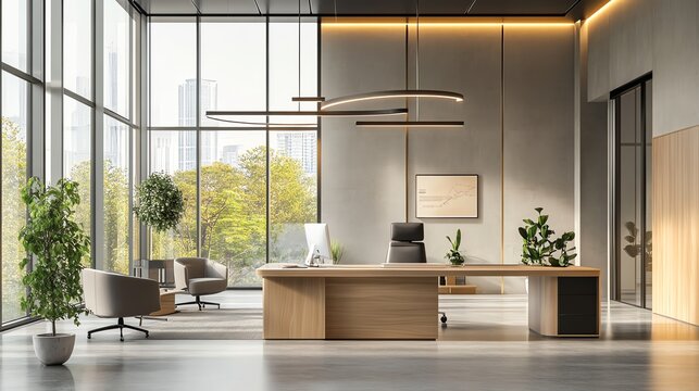 Modern office interior with large windows, wooden desk and chairs, and plants.
